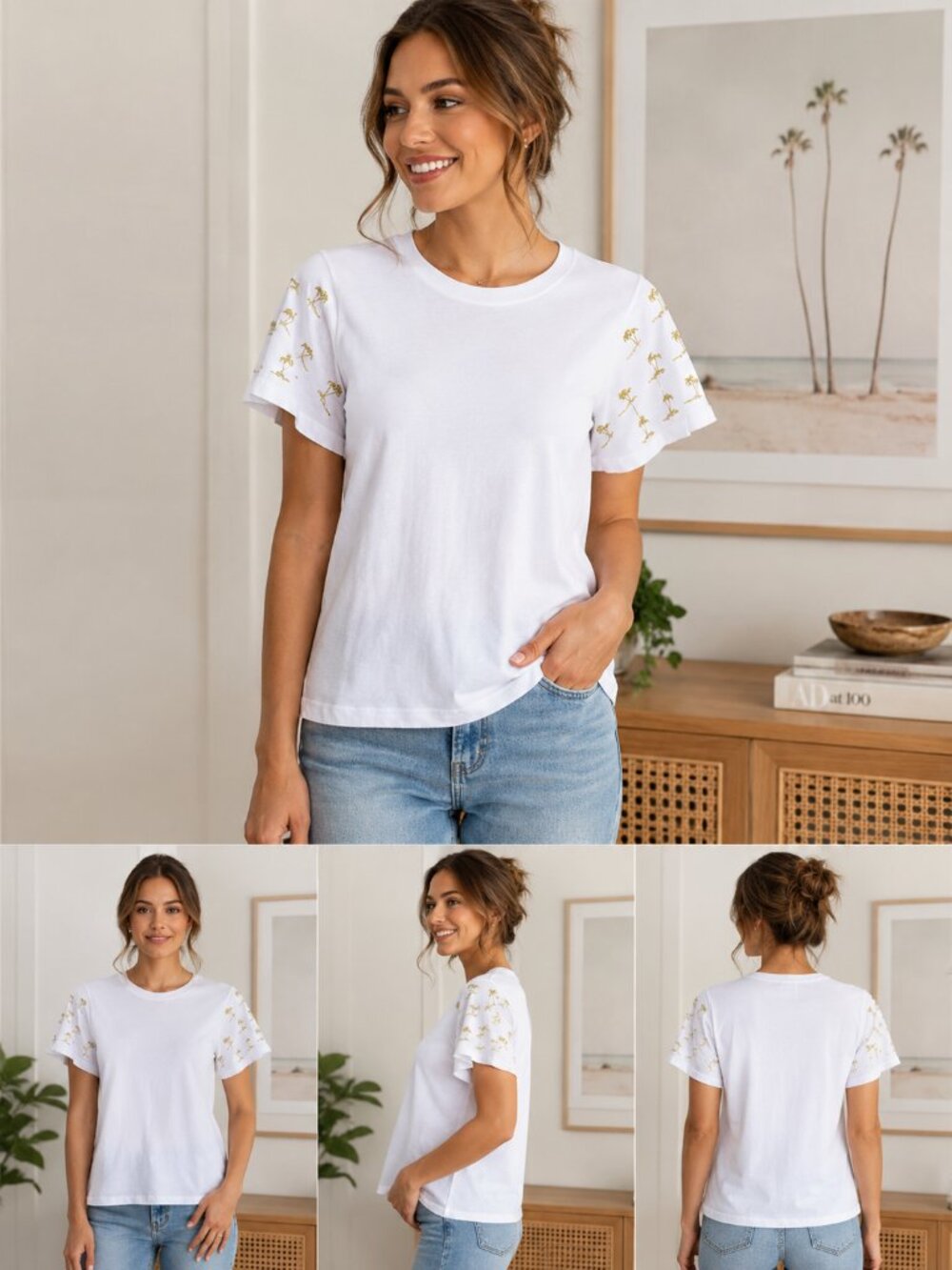 Maje White Gold Embroidered Palm Tree Short Sleeve Crew Neck Tee Shirt Size 2